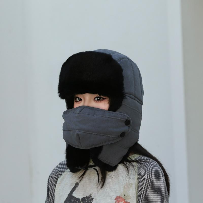 Hat Men's winter real rabbit hair cold-proof women's tide cycling warm fleece thickened cotton hat