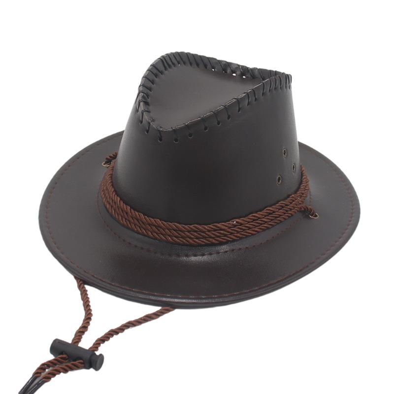 Small Brim Western Imitation Leather Cowboy Hat Windbreak Rope Prairie Riding Men And Women Wear Jazz Knight Hat