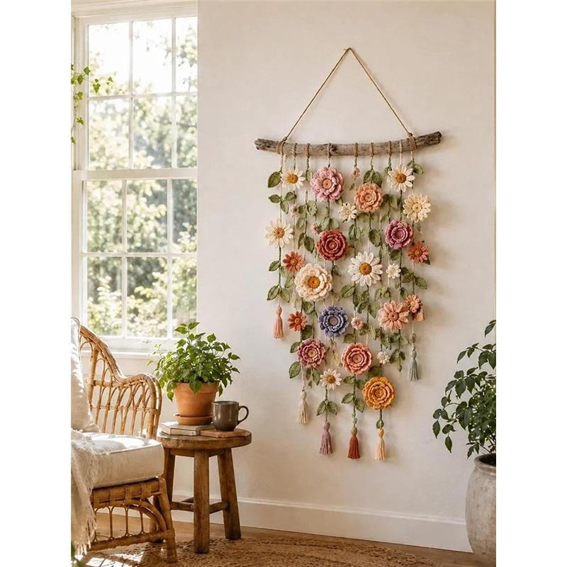 Handmade Cotton Floral Crochet Macrame Hanging Soft Artisan Wall Piece Boho Farmhouse Indoor Wall Art Ornament for Home Room