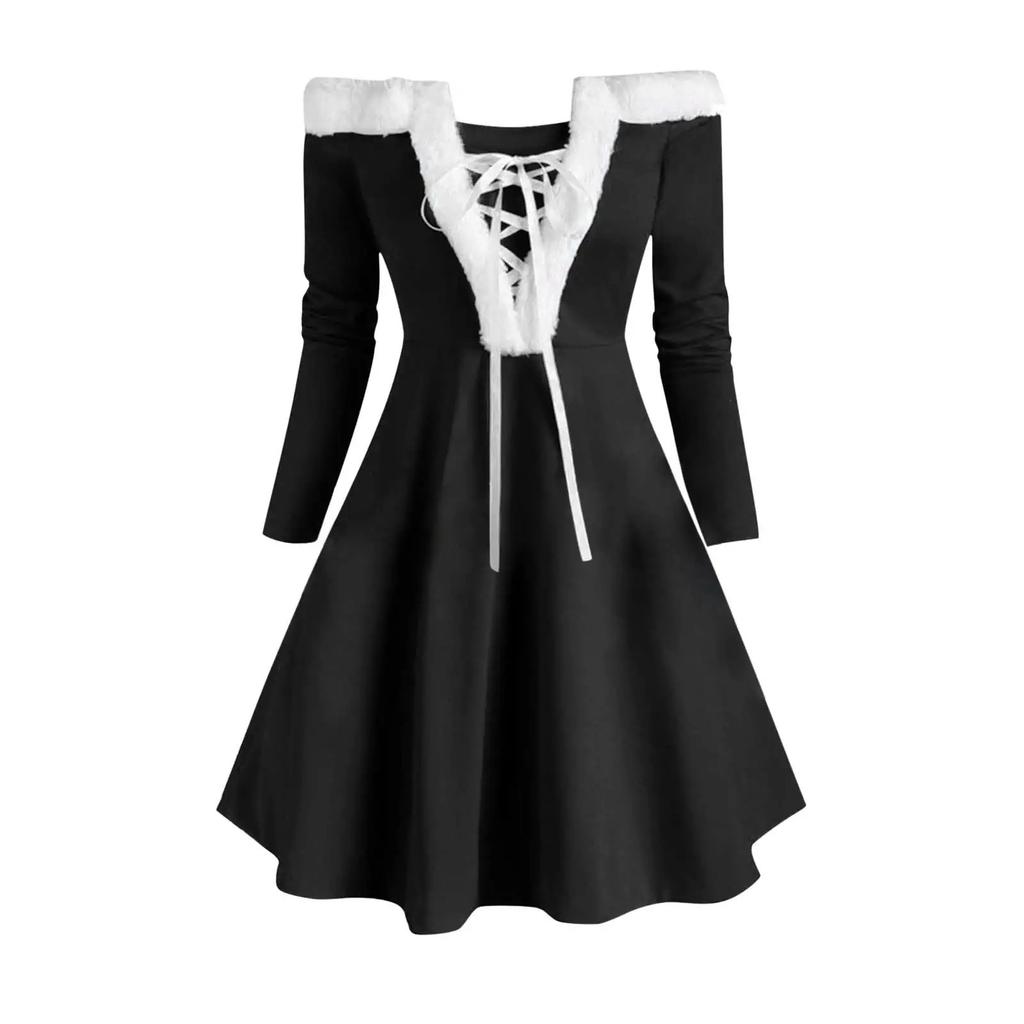 Χριστουγεννιάτικο Γυναικείο Vintage Μονόχρωμο Μακρυμάνικο Γούνινο Φόρεμα Εορταστική Στολή Πάρτι Φόρεμα Κοκτέιλ