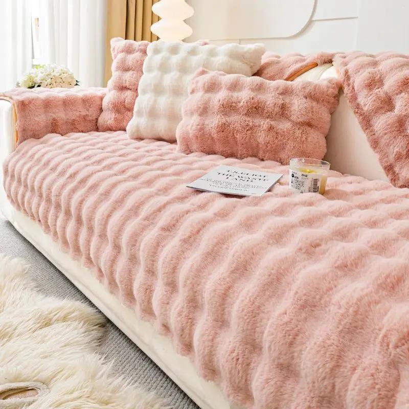 Round Bubble Plush Sofa Cushion Imitation Rabbit Long Plush Sofa Cover Winter Warmth Thicken Anti Slip Protecti Couch Covers