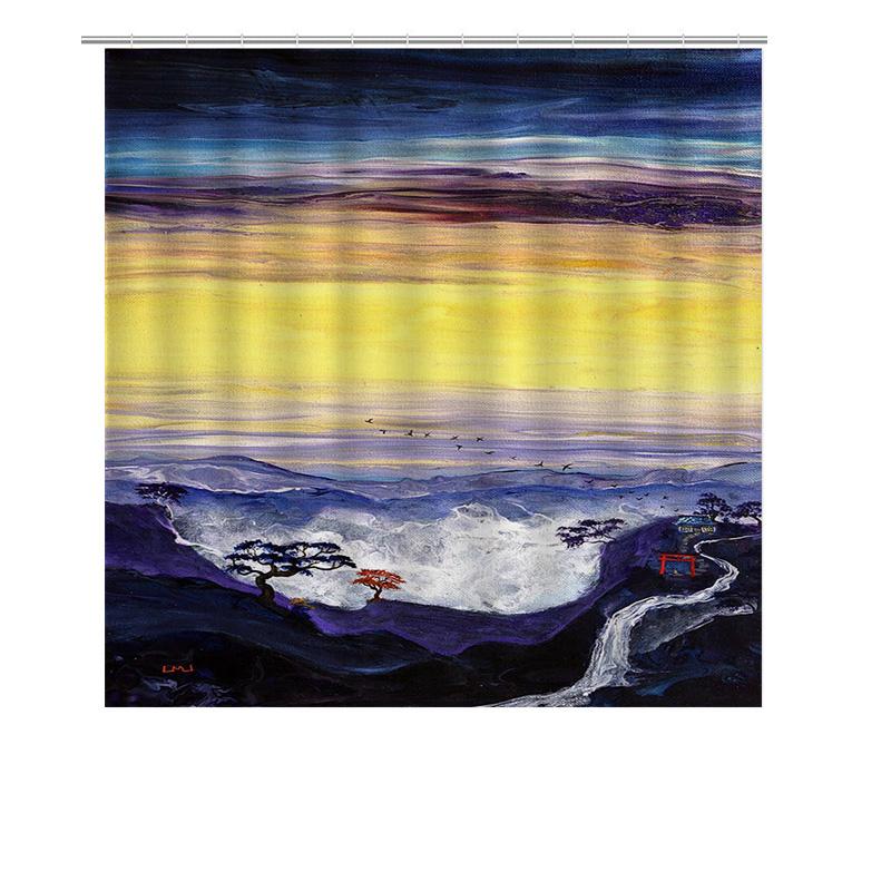 Multicolored Watercolor Landscape Shower Curtain For Bathroom Decor Modern Style With Red Tree And Mountain Design (This Title M