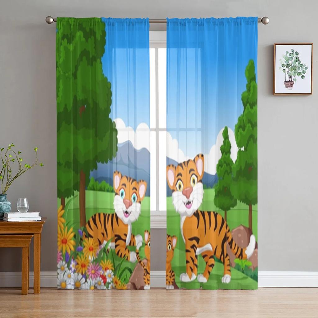 Tiger Cartoon In The Jungle Tyl Okenní závěsy do obývacího pokoje Příze Průsvitný voál závěs do ložnice Kuchyně Závěs