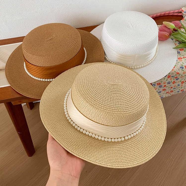 

Summer new flat top hat women s pearl streamer straw hat sunscreen sunshade top hat seaside beach hat One Size
