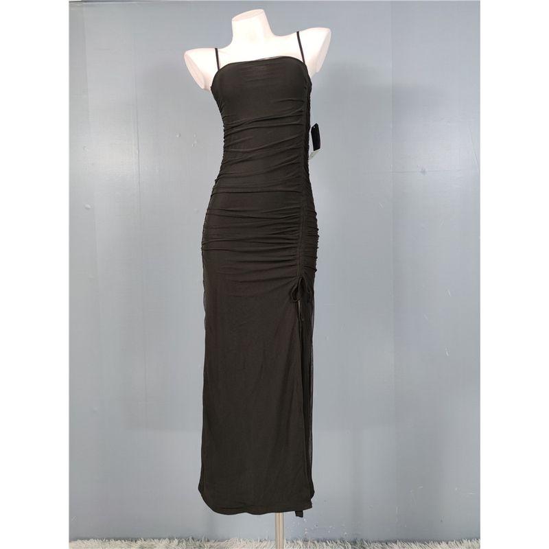 

French Style Elegance Exquisite Drawstring Design Ruched Elastic Mesh Show Figure Split Big Long Legs Black Long Dress Black X L