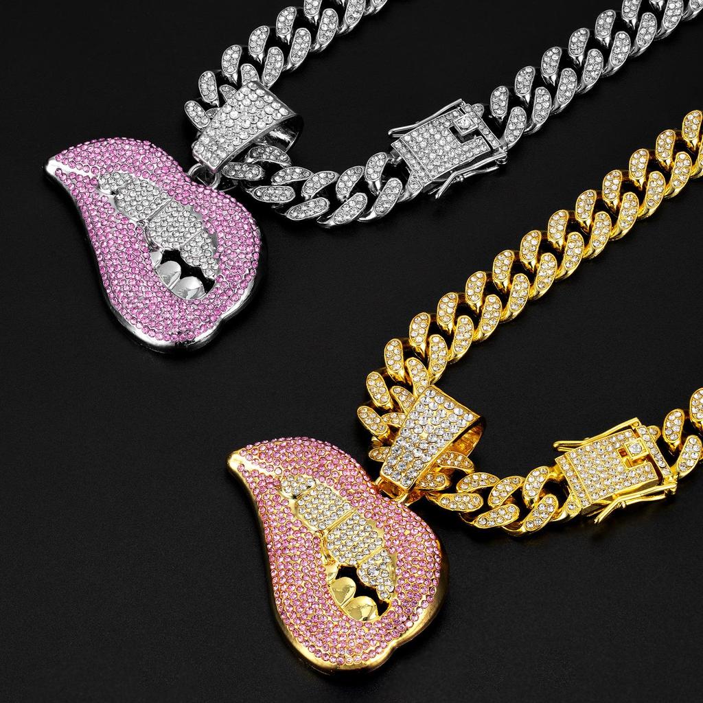 Men's European & American Hip-Hop Cuban Chain Necklace with Lip Pendant & Full Diamond Zinc Alloy.