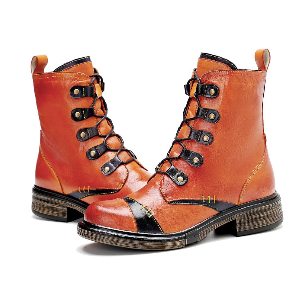 Johnature Short Boots Vintage Genuine Leather Solid Color Comfortable Handmade Women Shoes