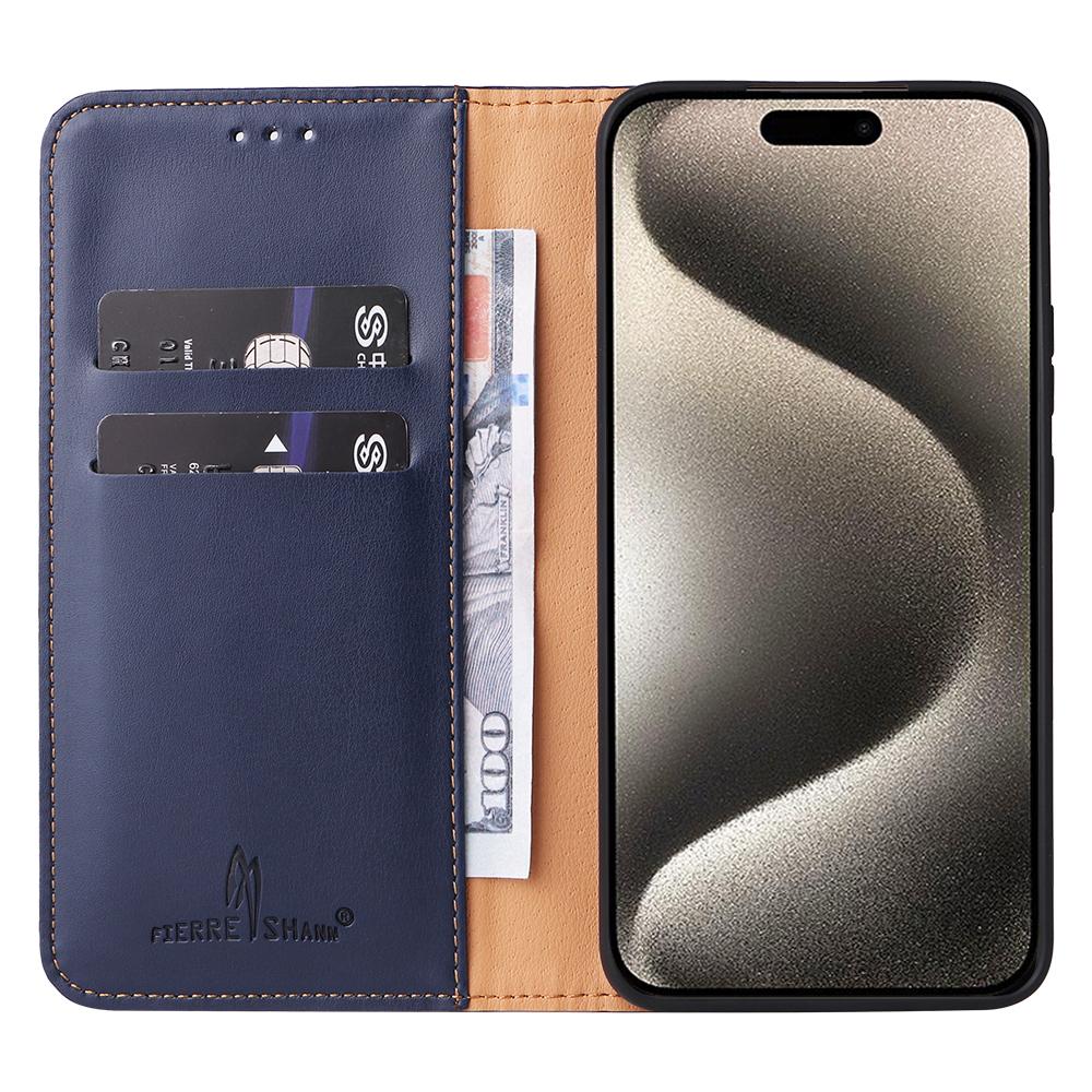 

FIERRE SHANN For iPhone 15 Case Stand Wallet PU Leather Phone Cover Blue