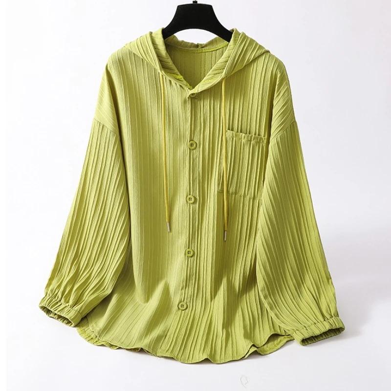 Long Sleeve Lightweight Loose Women Shirt Hooded Sun Protection Versatile Blouse Spring Autumn Retro Casual Solid Shirt