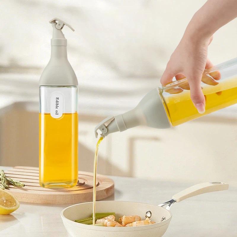1Pcs Glass Oil Dispenser Bottle With Flip Top Lid Leak Proof Seasoning Sauce Vinegar Storage Container For Kitchen Cooking