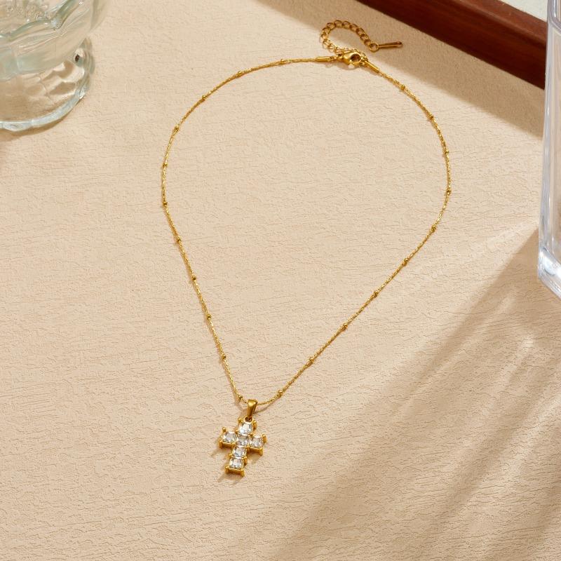 Gold Plated Stainless Steel Crystal Cross Pendant Necklace for Women