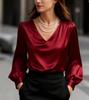 Women's V Neck Long Puff Sleeve Regular Solid Satin Elegant Office Blouse Shirt