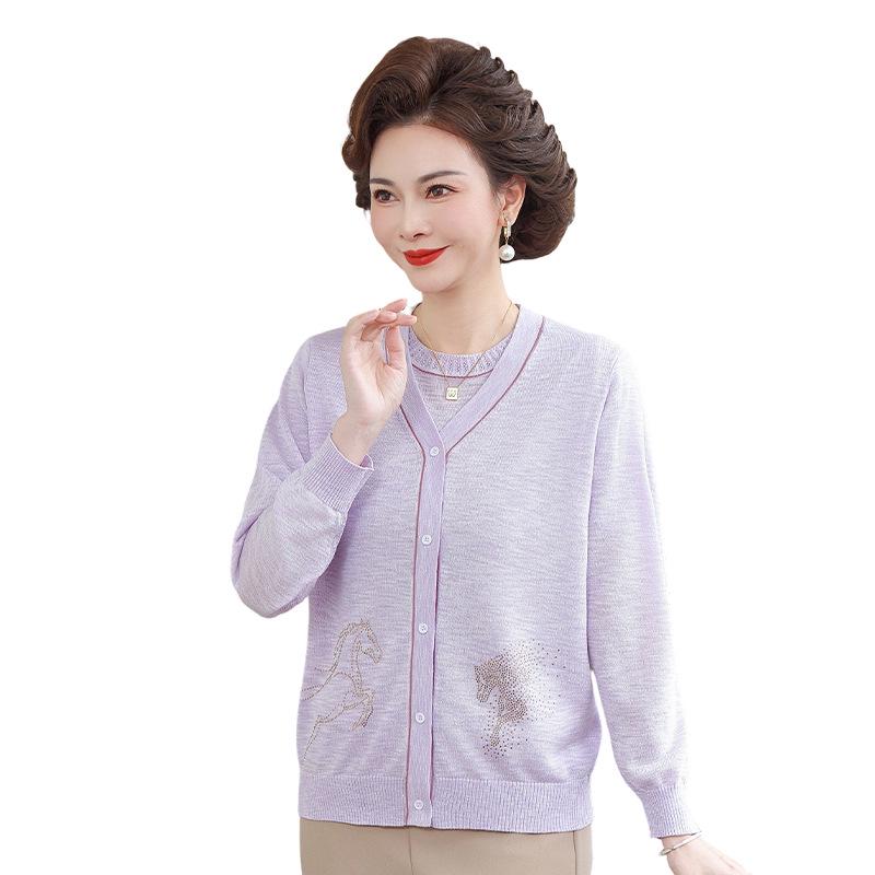Spring 2026 Elegant Chinese-Style Knitted Two-Piece Cardigan Set for Middle-Aged & Elderly Women