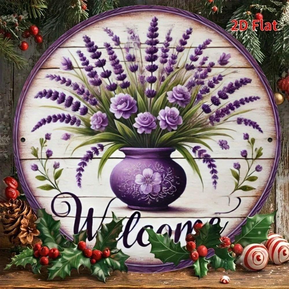 Vintage Metal Wall Art Lavender Print, Round Tin Sign 8x8 Inch for Bedroom Home Decor