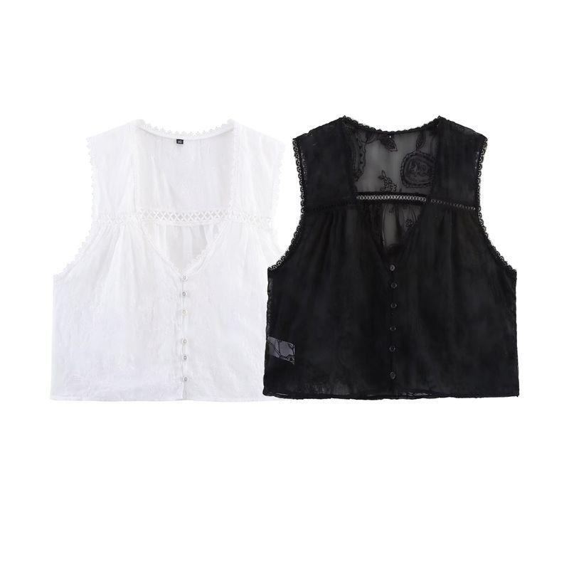 Kaslead New Arrival Women's Fashion Style Vertical Lace Embroider Decorative Sleeveless Shirt 3017905 800
