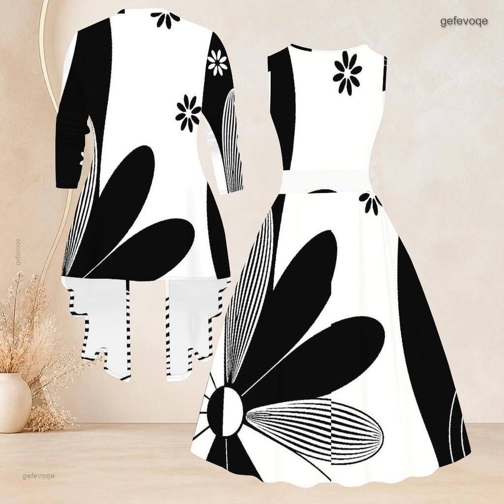 Women Plus Size Two Piece Set Long Sleeve Draped Cardigan Round Neck Sleeveless Tie Waist Flared Dress Black White Printed
