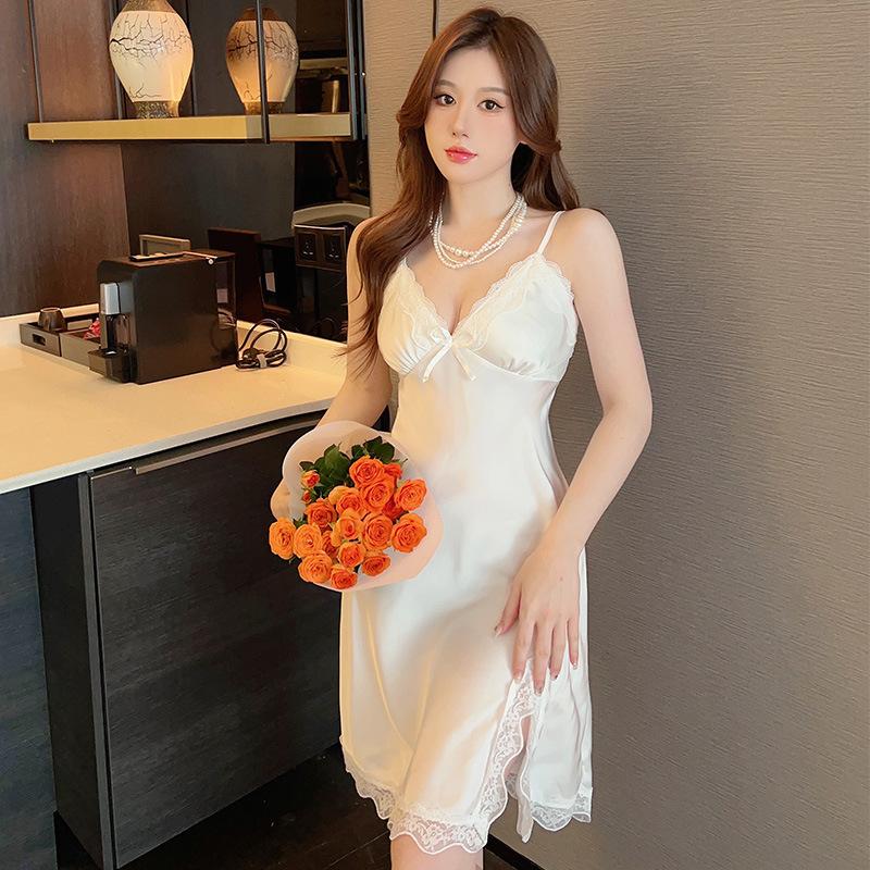 Sexy Pyjama Damen Frühling und Sommer Dünner Seiden Trägerpyjama mit Brustpolstern Bedruckte Eis Seide Rückenfreies Loungeteil