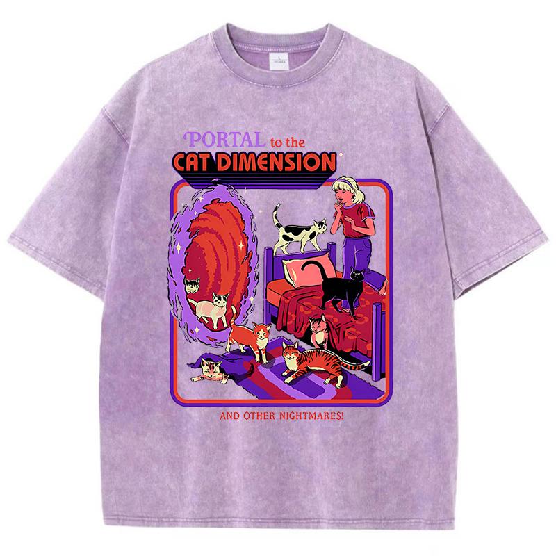 Portal To The Cat Dimension Washed Retro Men Clothes Fashion T-Shirts Streetwear Cotton Loose Tops Breathable Tee Couple
