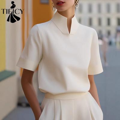 Damenmode Casual Sommer Frühling Einfarbig Druck Kurzarm Stehkragen Blusen & Hemden