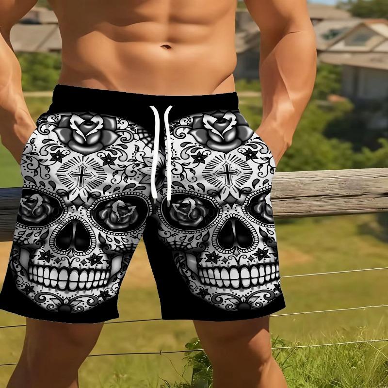 

Men s 3D Skull Print Beach Shorts - Lightweight Polyester Drawstring Waist Swim Shorts S