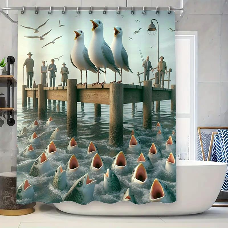 

3D Fish Seagulls Bath Shower Curtain Waterproof Decorative Rug Removable Wall Stickers Home Decoration Bathroom Mural W60H190(CM)-1 Pcs