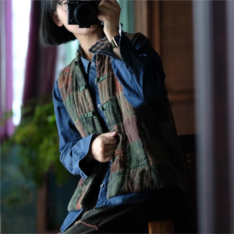 Johnature Dámské vintage patchworkové barevné vesty kabáty knoflík stojáček čínský styl oblečení podzimní vesty kabáty