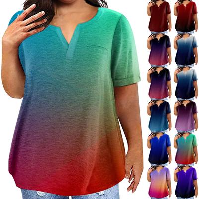 Moda Plus Size Feminino Casual Manga Curta Gola Redonda Estampa Gradiente Camiseta Com Bolsos