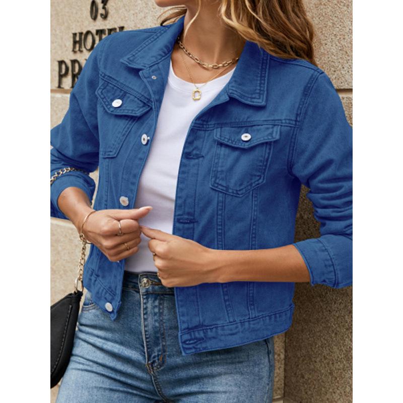 2025 Europäische & Amerikanische Grenzüberschreitende Mode Schlank geschnittene Damen Jeans Bomberjacke mit Umlegekragen & Taschen, Vielseitige einfarbige Oberbekleidung