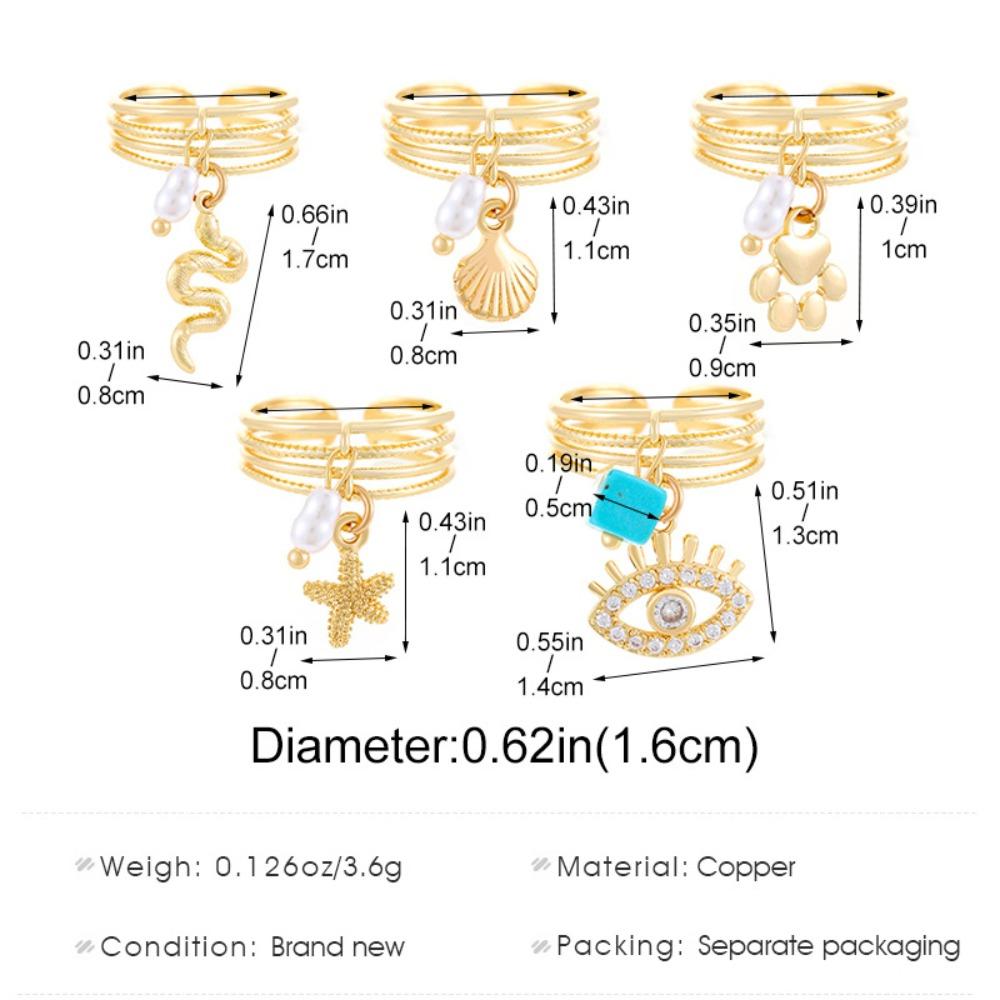 Luxury Design Baroque Pearl Eye Snake Pendant Rings for Women Retro Charm Gold Color Zircon Starfish Shell Finger Jewelry Gift