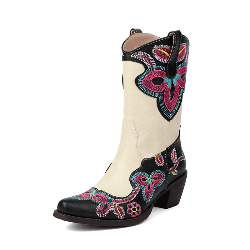 Dámské boty v mixu barev, patchworkové kovbojské boty v západním stylu, podzimní a zimní, nové, čtvercové, robustní, vysoké podpatky, gotické kotníkové boty, dámské boty