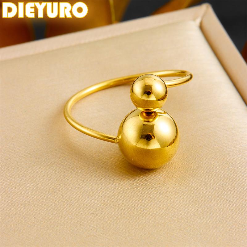 DIEYURO 316L Stainless Steel Golden Glossy Round Open Finger Ring For Women Fashion Trend New Concise Ring Jewelry Party Gift