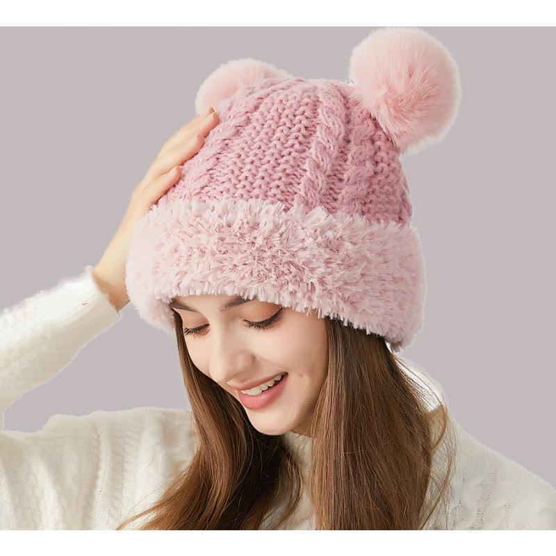 Girls' cute wool ball knitting hat in winter retro thick needle Fried Dough Twists plush edge splicing ear protection wool hat