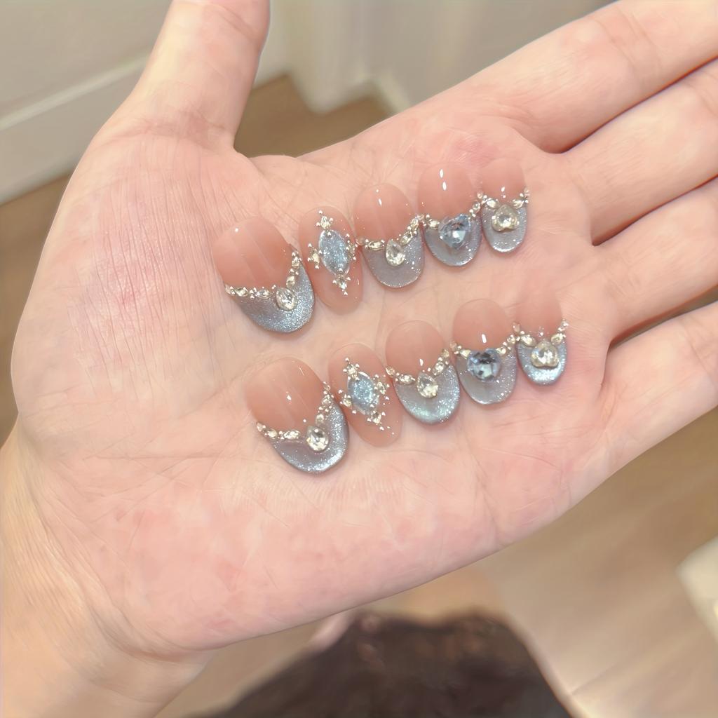 10Pcs Handmade Short Oval French Cat Eye Press On Nails Snow Island Blue Moon Reusable Fake Nail Tips