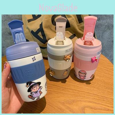 Niedliche 370ml Tragbare Thermosflasche mit Strohhalm für Kinder und Studentinnen