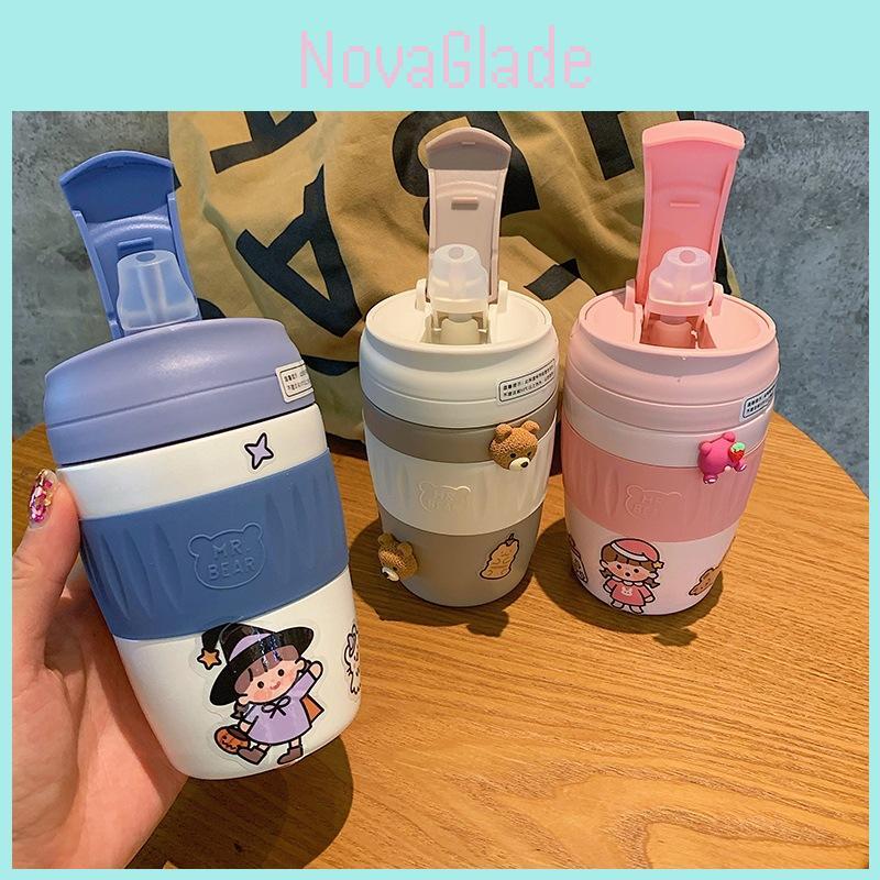 Cute 370ml Portable Thermos Bottle With Straw For Kids And Female Students