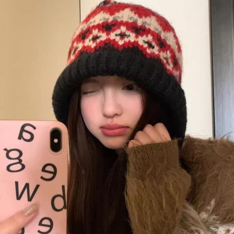 

Cute With Strap Jacquard Knitting Hat Ear Protection Warm Earmuffs Pile Cap Lace Up Wind-Resistant Pullover Bonnets