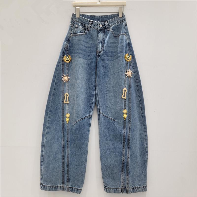 

Spring Metal Buckle Decorated Mid-Waist Wide-Leg Jeans Women Washed Scimitar Pants Casual Versatile Long Pants Female S синий