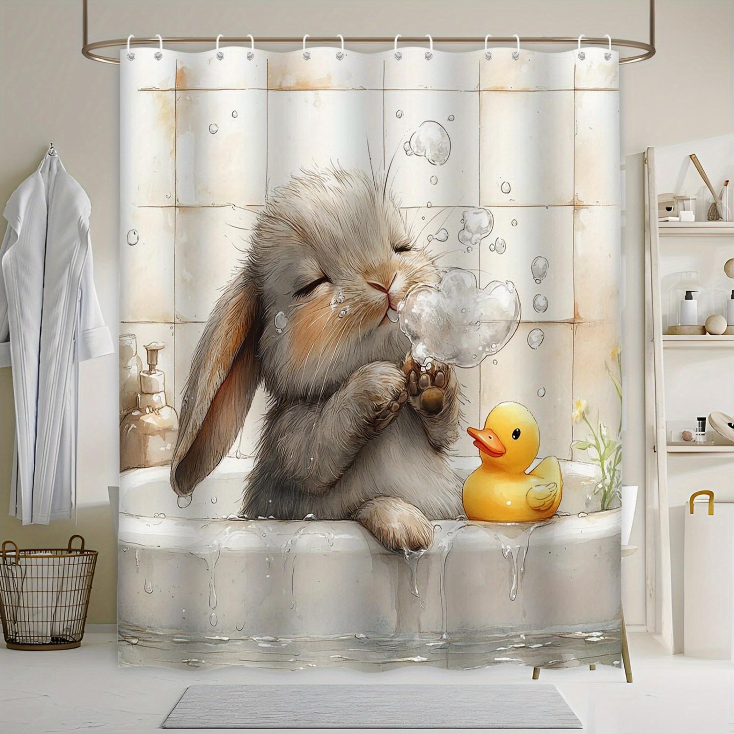 

Cute Bunny Shower Curtain Cartoon Rabbit Bathing With Rubber Duck Water Resistant Kids Bathroom Decor W60H190(CM)-1 Pcs