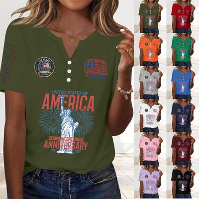 Women's Fashion Casual 250th Anniversary Independence Day Print V-Neck Short Sleeve Decorated Button-Up T-Shirt