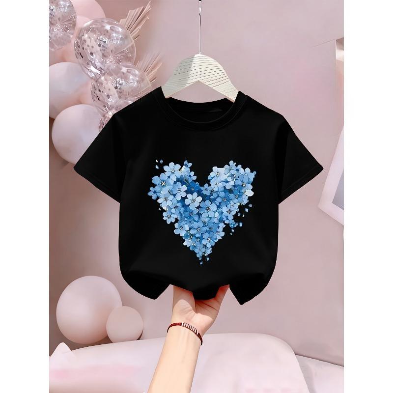 European Sizes Blue Heart Flower Letters/Cartoon Print, Clothing Short-Sleeved T-Shirt, Boys' Small, Suitable for Outdoor Activities
