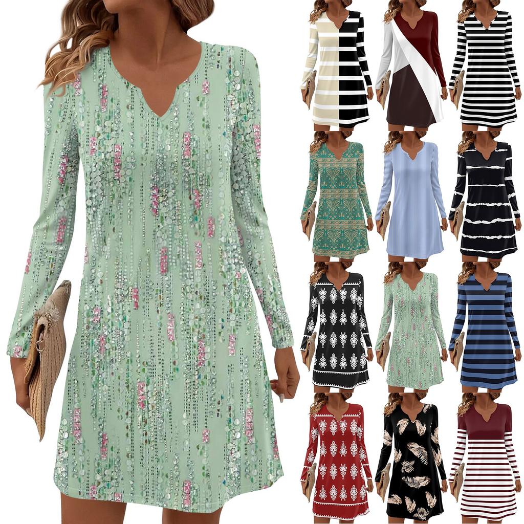 Women's Long-sleeved Casual Midi Dresses V-Neck Print  Casual Dress