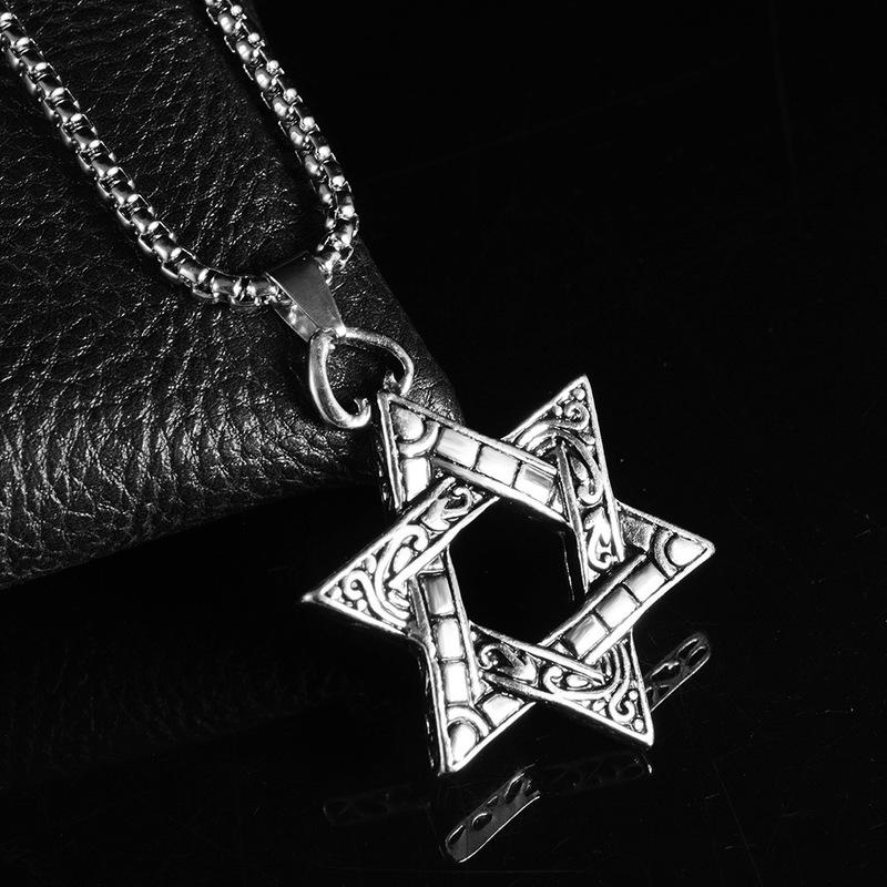 Stainless Steel Jewelry Titanium Steel Necklace Men's Retro Double-sided Six-pointed Star Alloy Pendant Personality Hip Hop Accessories