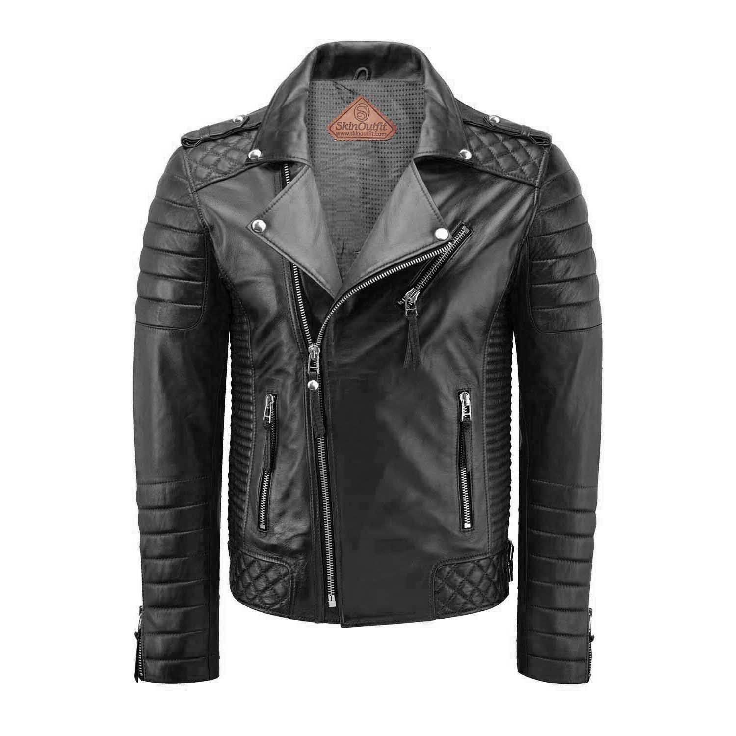 

SKINOUTFIT Men s Motorcycle Leather Jacket Genuine Black Lambskin Café Racer Biker Outerwear 3XL чорний