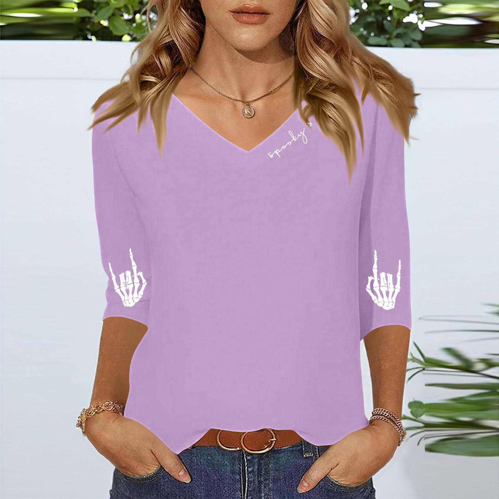 

Women s Three-quarter Sleeve Shirt V-neck Loose Casual Spooky Scason Halloween Print Top S