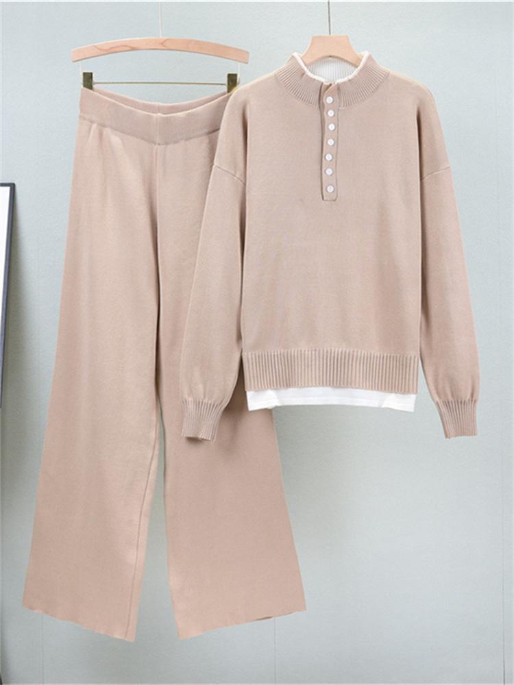 Female Autumn Loose Small Fragrant Style Fake Two-Piece Sweater Set Knitted Wide Leg Pants Two Piece Set