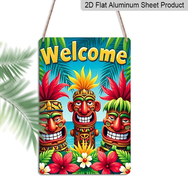 

2D Flat, 1pc Tropical Tiki Welcome Metal Wall Art Sign - 8*12 Inch Aluminium Hawaiian Style Decor, Colorful Tiki Mask & Floral Plaque, Perfect for 20*30cm