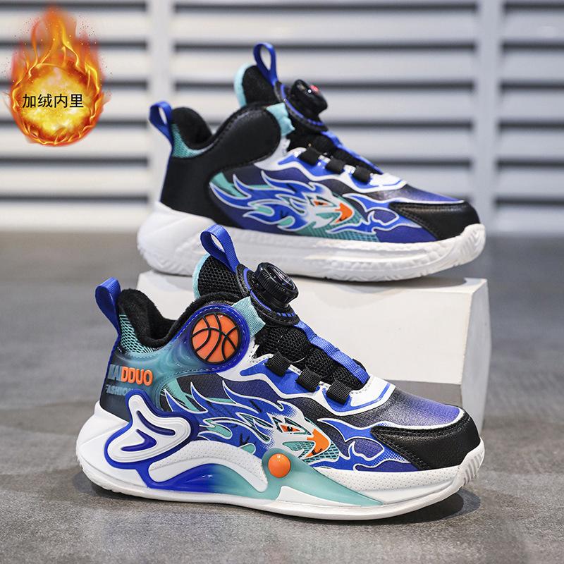 Autumn Middle and Older Children's New Rotating Velvet Boys' Shoes Buckle Children's Mesh Sports Shoes Basketball Shoes Cotton 2025