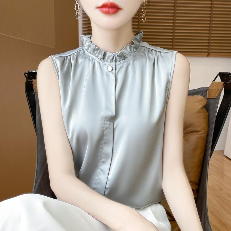 Women Beige Sleeveless Blouse With Ruffle Neck And Button Down Casual Silk Like Summer Top