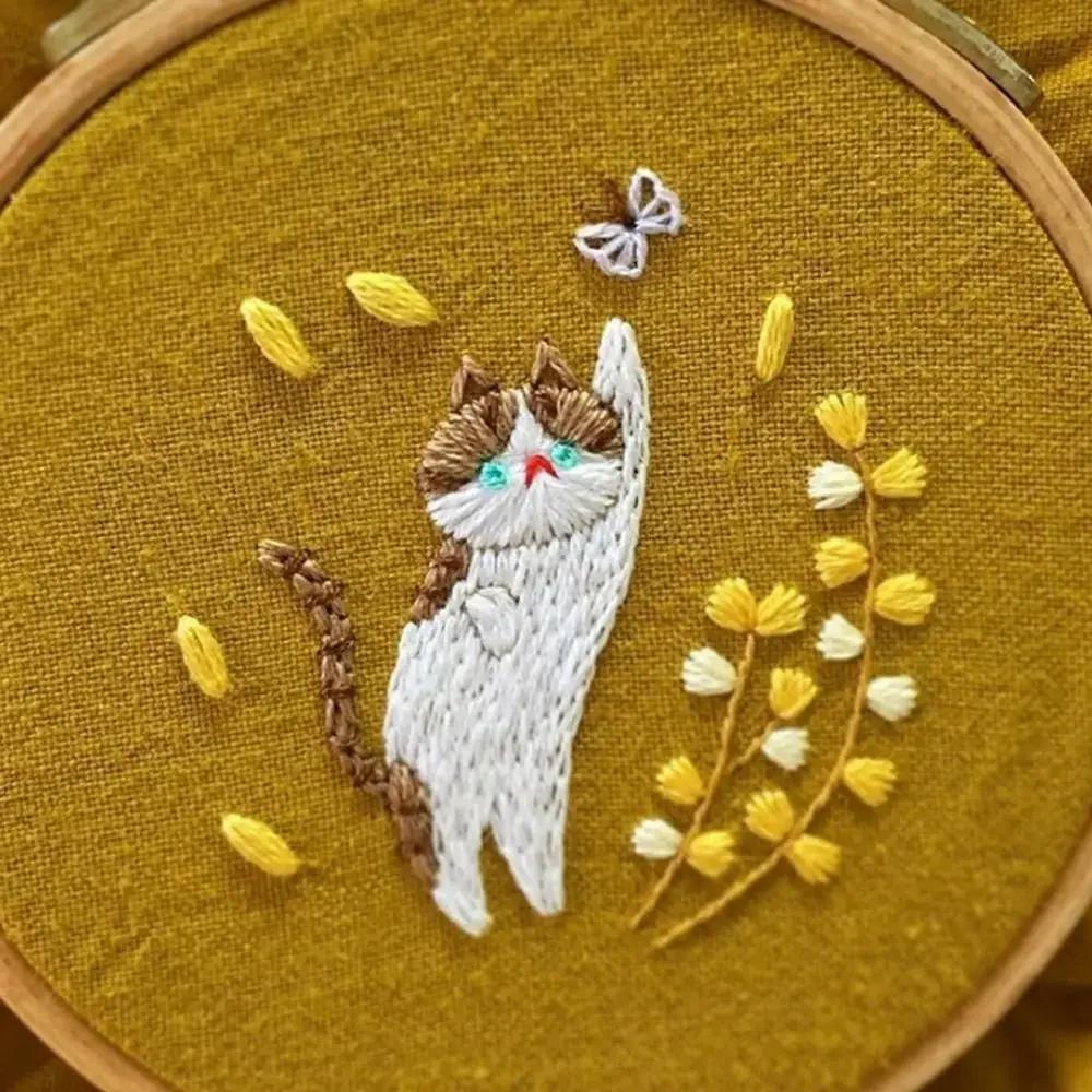 DIY Flower Cat Embroidery Handcraft Needlework Cross Stitch Kit Cotton Embroidery Painting Embroidery Hoop Home Decor