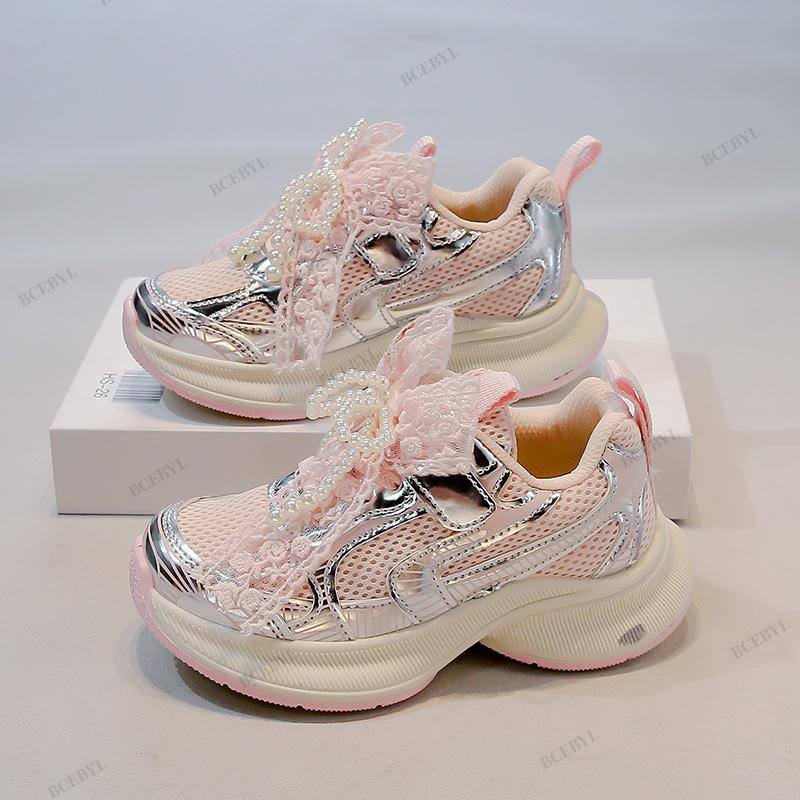 Baby Spring/Autumn Fashion Breathable Thick Sole Bow Beaded Sport Shoes Soft Walking Sports Casual Kid Vulcanized Shoes